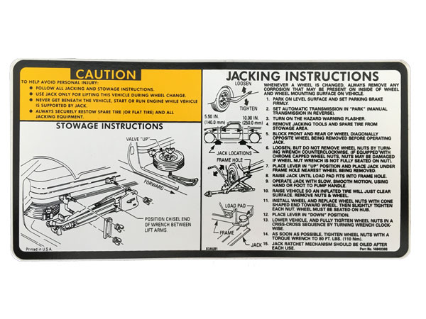 81-84 El Camino Jack Instruction Decal Sticker