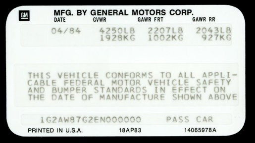 GM Licensed Door Jamb VIN Data Decal Sticker